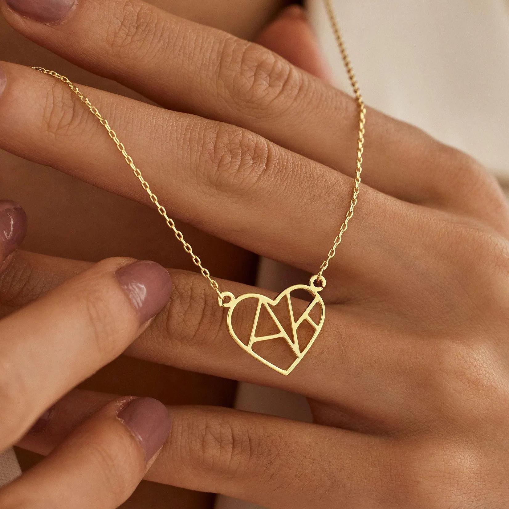 Modern Geometric Metal Heart & Letter Double Pendant Necklace, Steel Color золотой
