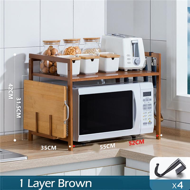 Kitchen Microwave Oven Storage Rack 1 Layer Bamboo Adjustable Countertops Organizer Shelf Hanging Hook Chopping Board Holder