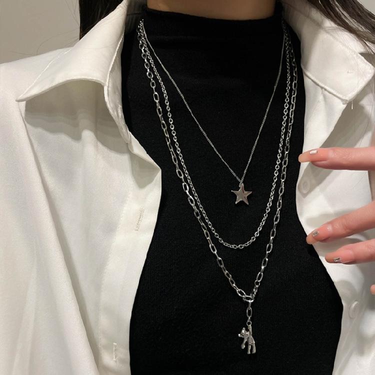 Three-Layer Metal Bear Star Clavicle Chain Women Birthday Party Jewelry Gift