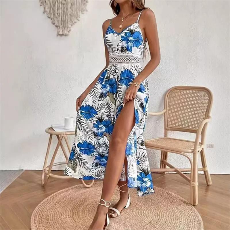 Women Summer V-Neck Elegant Print Resort Style Dress Slip Long Dress
