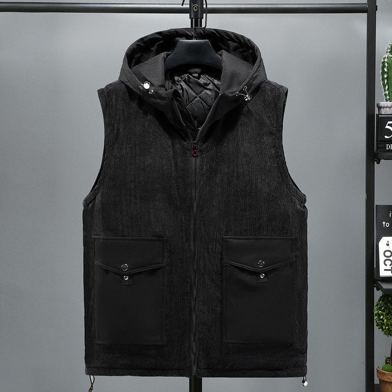 

Чоловічий осінньо-зимовий однотонний жилет з капюшоном великого розміру, вільна та зручна вельветова куртка 2XL чорний