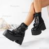 Fashion Women's Platform Goth Fashion Mid Calf Boots Punk Motorcycle Chunky High Heeled Shoes Women Leather Black Bat Buckle Ankle Botas