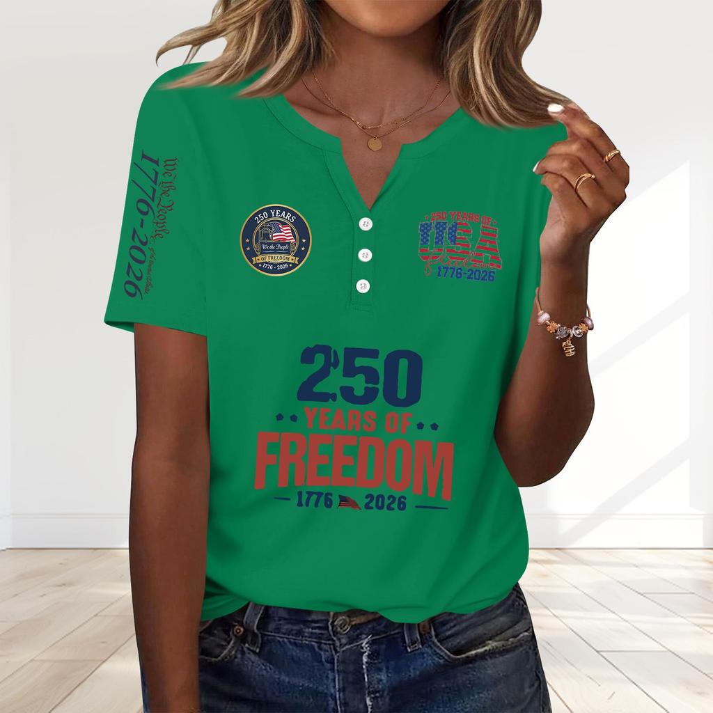 Women's Fashion Casual 250th Anniversary Independence Day Print V-Neck Short Sleeve Decorated Button-Up T-Shirt