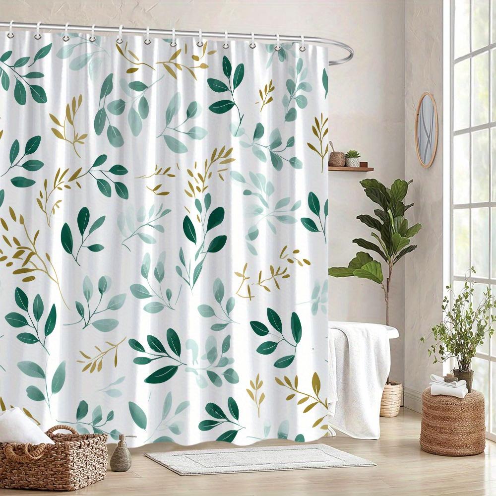 1 Watercolor Leaf Shower Curtain - Teal, Mint and Gold on White, Fan Hook, Polyester Machine Washable
