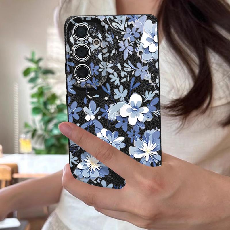 S26 Ultra Case Luxury Blue and White Flowers Pattern Leather Texture Soft Silicone Cover For Samsung Galaxy S25 Edge S24 Ultra S23 S22 Plus S21 FE