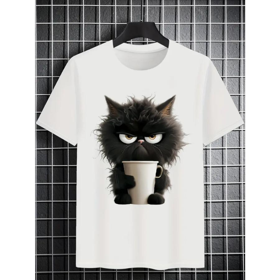 Digital Print Short Sleeve Crew Neck T-Shirt Men Cat Animal Breathable Fabric Relaxed Fit Summer Outdoor Essential Holiday Casual Wear