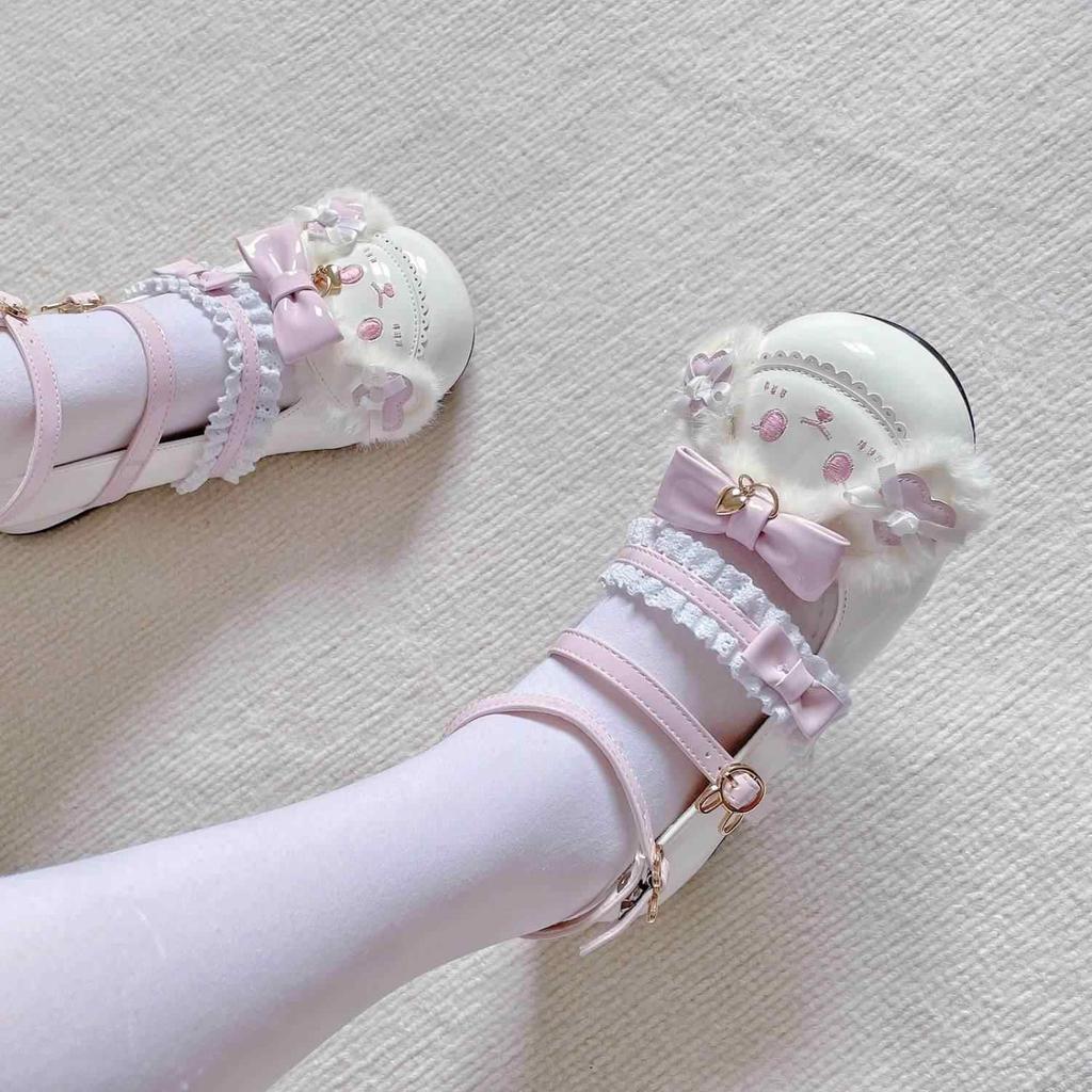 Sweet Girls Lolita Furry Rabbit Ears Pumps Students Cute Bowknots Lace Embroidery Shoes