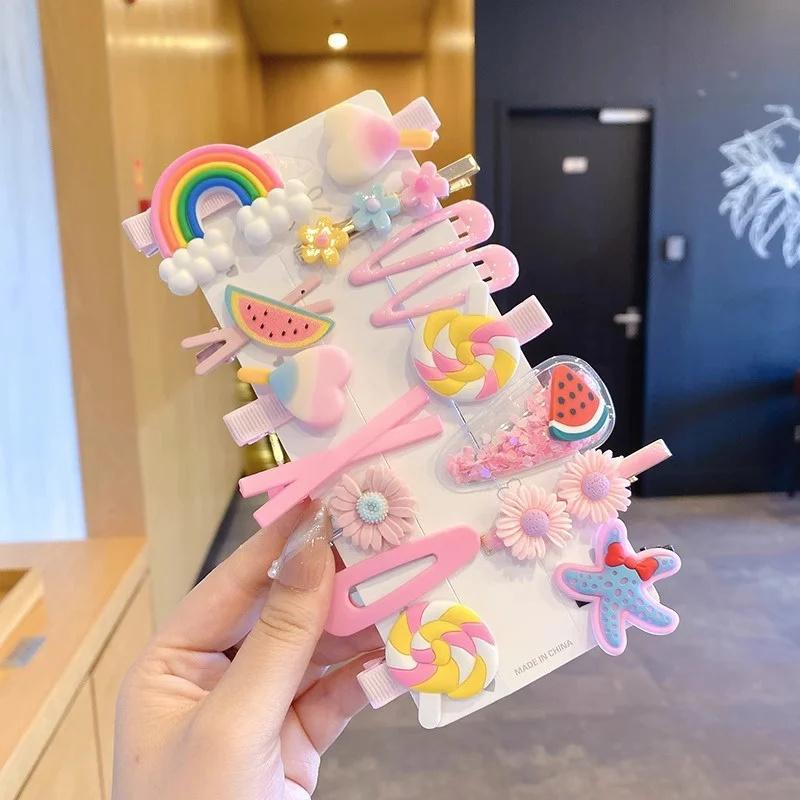 14pcs/set Girls Sweet Hair Clip Rainbow FruitLovely Hair Accessories Headwear Hairpins Cute Cartoon Hair Bands  Headdress Barrettes