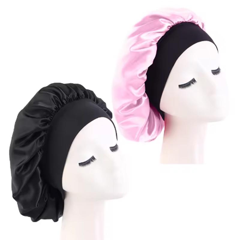 Women's Satin Solid Bonnets Wide-brimmed Night Sleeping Bathing Hat Unisex Head Wrap Elastic Band Cap Hair Care Bonnet