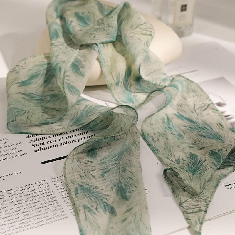 Green Leaf Silk Scarf High-quality Neck-protecting Collar Thin 100% Mulberry 150x10cm
