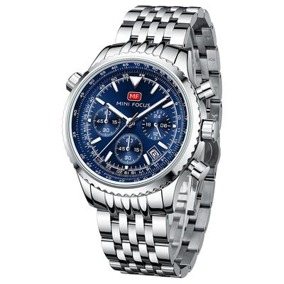 Men's Quartz Watch with Date Function, Stainless Steel Band, 3ATM Waterproof, Analog Casual Style Silver Blue