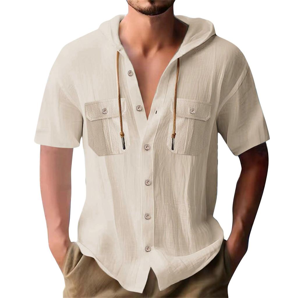 Men's Summer Solid Color Pockets Cotton Linen Short Sleeve Button Hooded