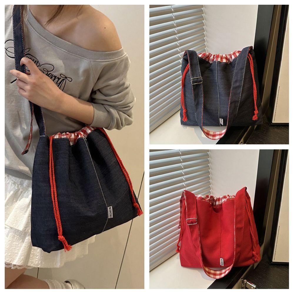 

Cloth Drawstring Bucket Bag Korean Style Tote Bag Vintage Denim Canvas Bag Women синій