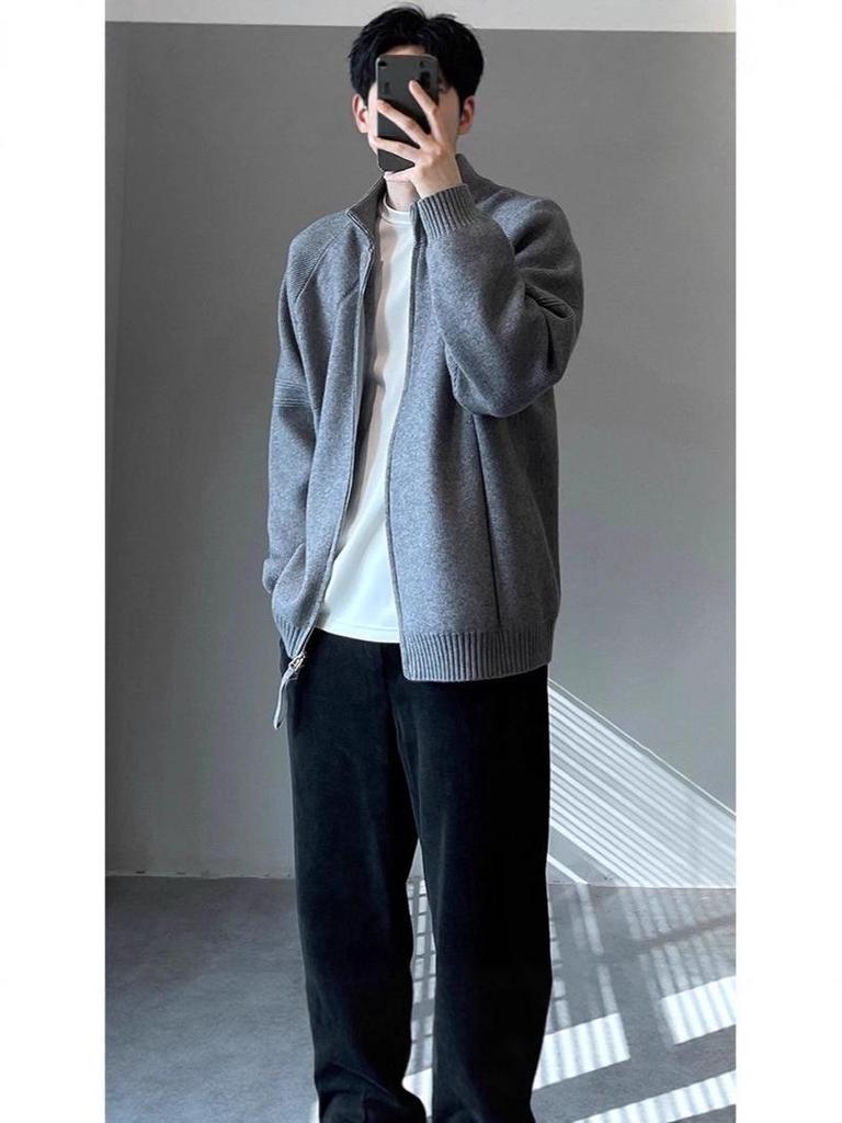 Men's Stand Collar Korean Style Double Zipper Knit Cardigan for Autumn/Winter