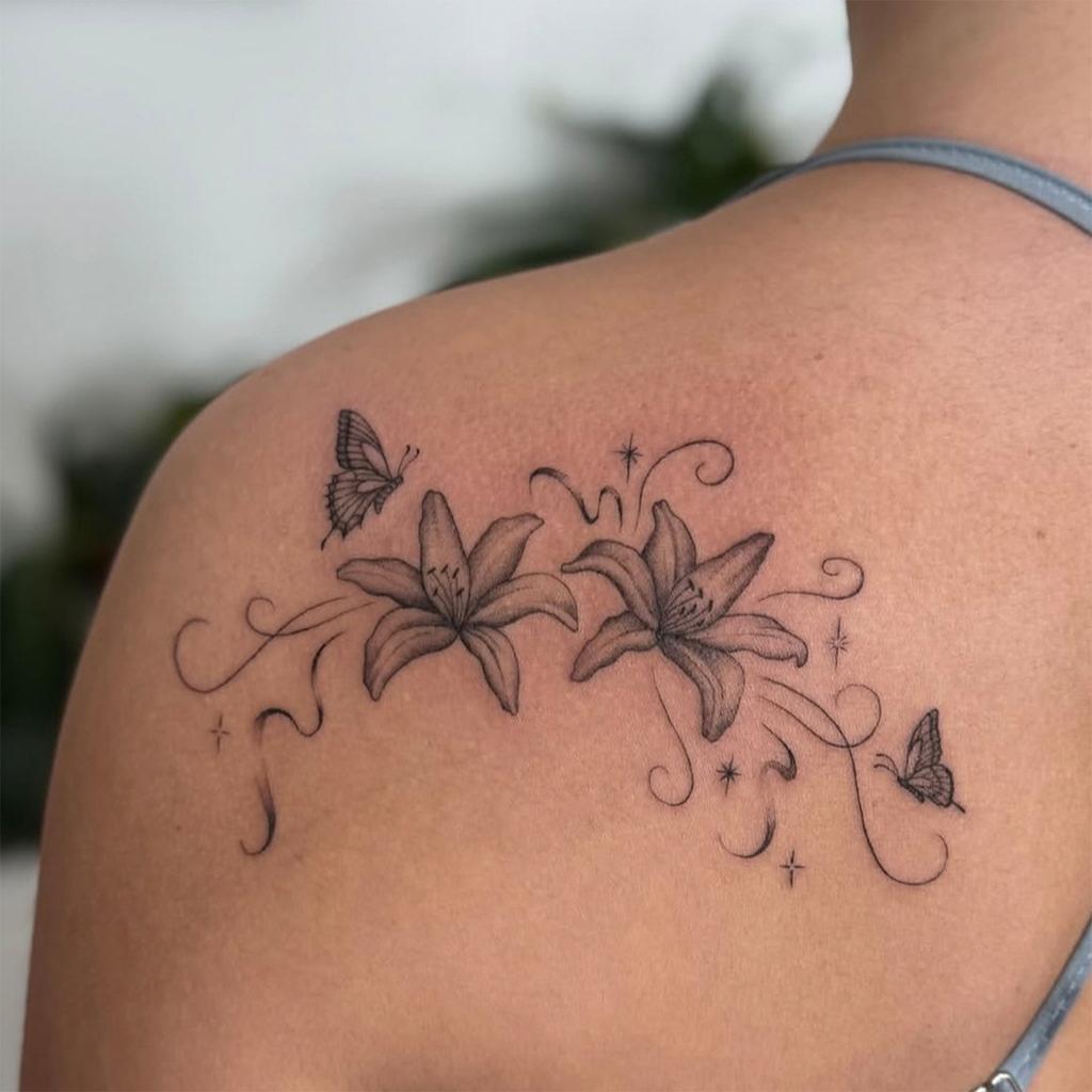 Black And Gray Lily Butterfly Tattoo Sticker, Waterproof And Long-Lasting, Gentle Chest And Back, Simulated Tattoo Sticker.