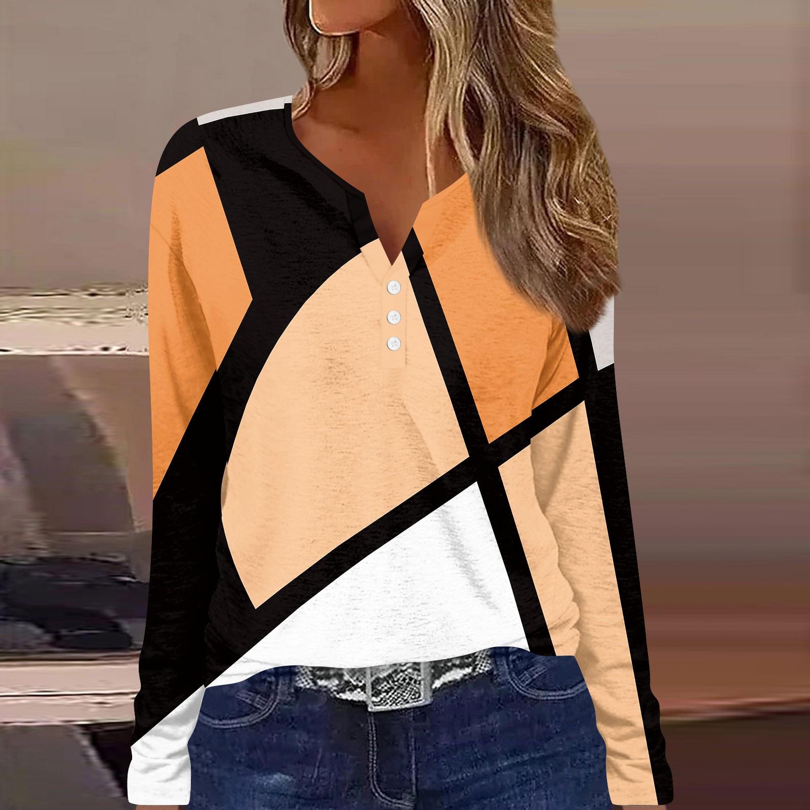 

Жен. Футболка Футболка На пуговицах С принтом Длинный рукав Повседневные Выходные Мода Классический V-образный вырез Обычный Топ XXL оранжевый