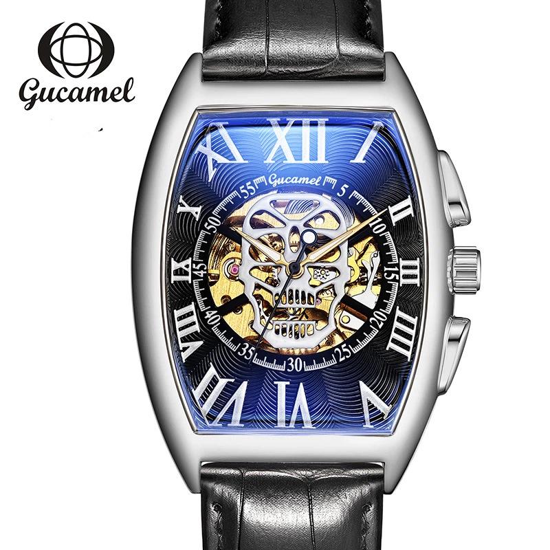 Top brand new wine barrel European and American men's fashion skull hollow automatic mechanical watch men's watch