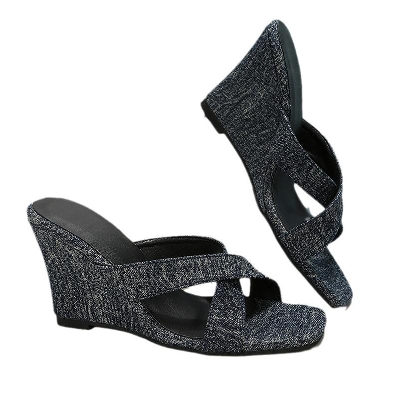 

Лето 2024 Квадратный носок Открытый носок Танкетка Ковбойские Сандалии-шлепанцы с перекрестными ремешками Женская уличная обувь Ретро Мода Высокие каблуки Слайды 37 темно-синий