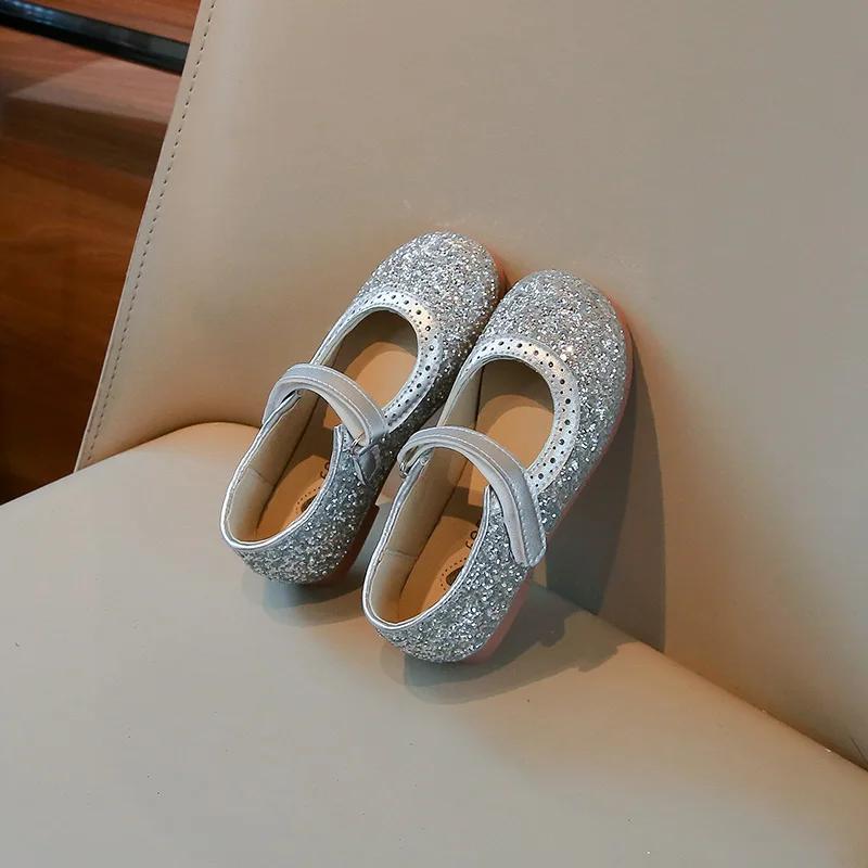 Girls Leather Shoes Children Flats Princess Spring Summer New Kids Dress Shoes for Wedding Party Bling Glitter H09054