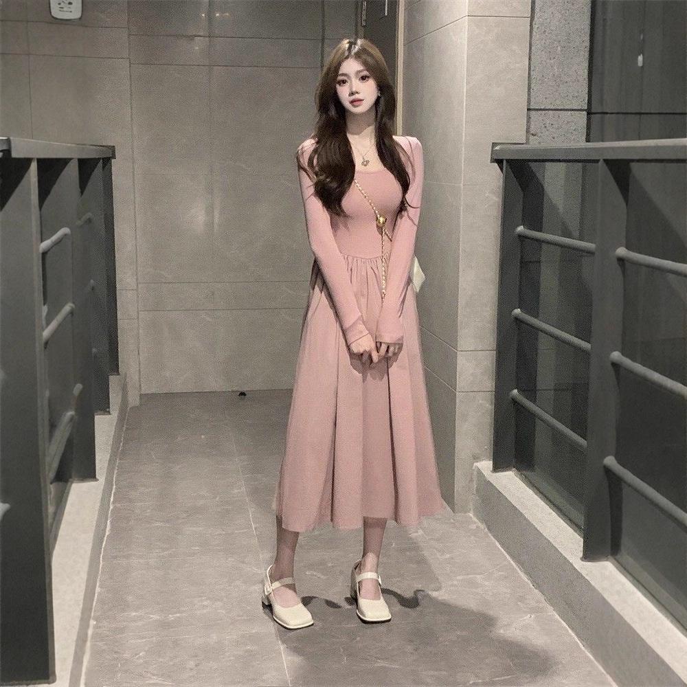 French Chic Pink A-Line Dress: Sexy, Sweet Slim Fit for Spring & Autumn