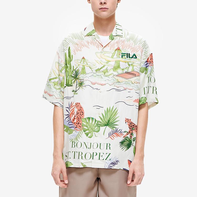 FILA Animal And Plant Pattern Printed Casual Fashion Woven Floral Loose Short Sleeve Shirt Men shirts F11M228402FZA