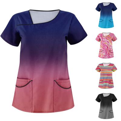 Women's Gradient Striped Print Short Sleeve Workwear With Double Pockets Top