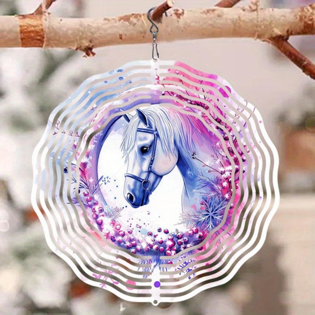 Western Cowboy Horse Metal Wind Chime Outdoor Garden Decor with Pink Purple Floral Design Durable Hanging Ornament for Patio Porch Fence