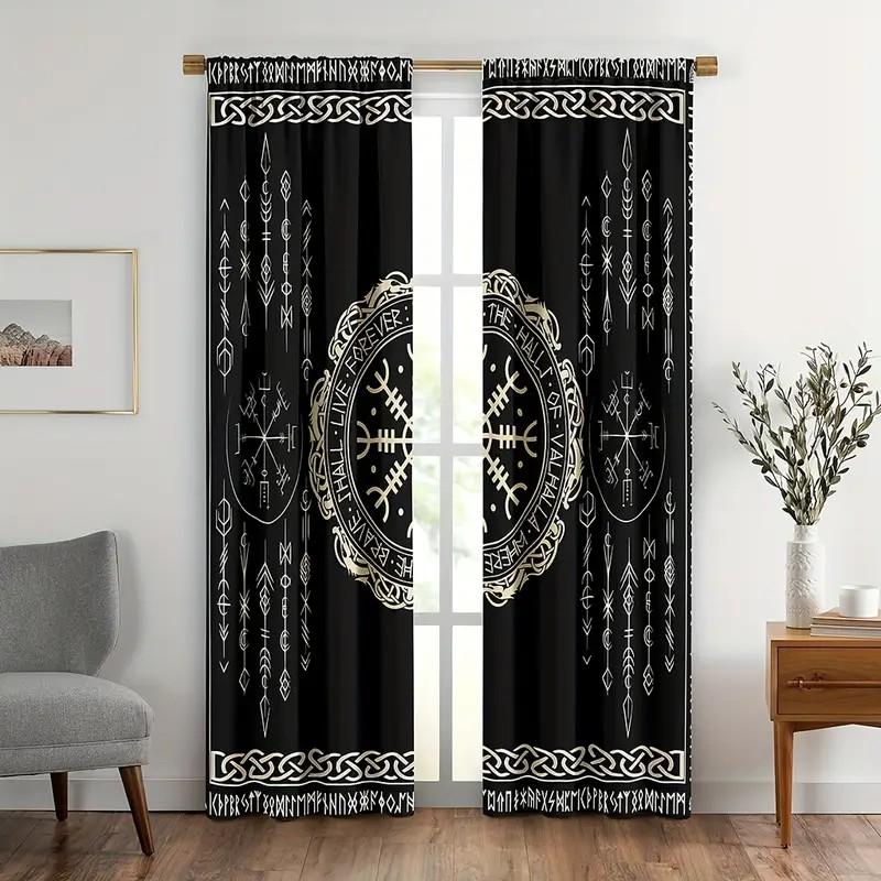JIT 2pcs Rune Pattern Blackout Curtain   Viking Design   Room Darkening   Polyester   Home Decor   Rod Pocket Window Treatment