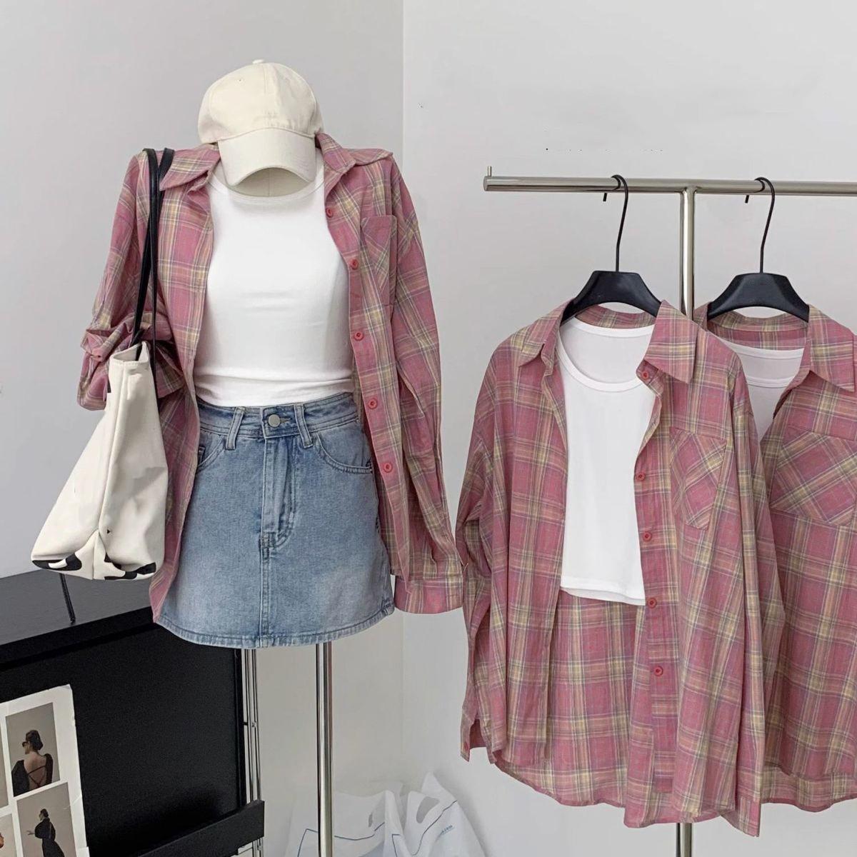 

Women s Pink Plaid Shirt Jacket - 99% Cotton, Lazy Autumn Japanese Style S (Recommended: Up to 90 lbs) рожевий