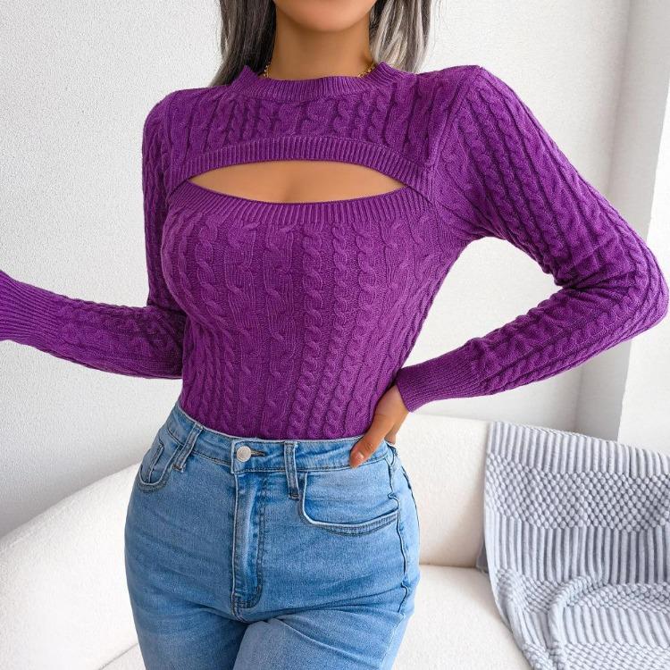 Women Slim Fit Long Sleeve Knitted Sweater Fall Winter Solid Color Cutout Twist All Match Tops