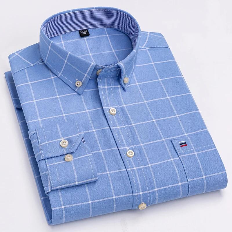 Men Social Shirts Long Sleeve 100% Pure Cotton Oxford Soft Buttoned Plaid Formal Male Clothes Oversized Shirt Plus Size 6XL 7XL