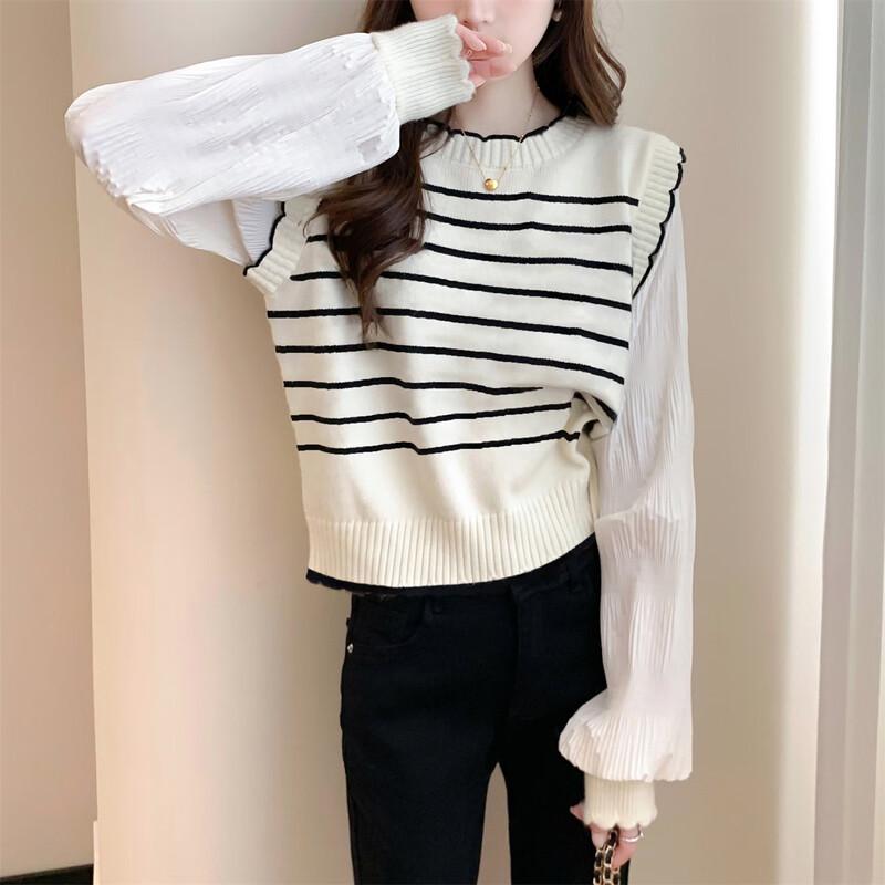 Tangshi Women's Round Neck Striped Faux Two-Piece Pullover Sweater