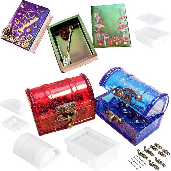 Resin Box Silicone Molds Set of 2, Treasure Chest and Magic Book Case with Lids