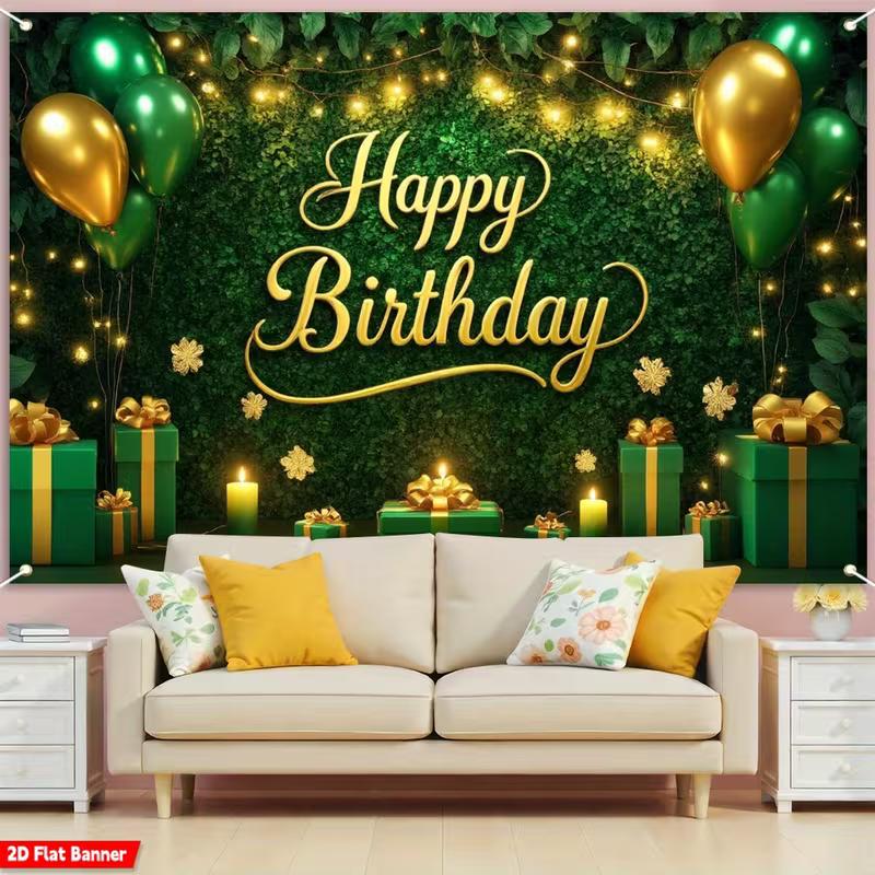 2D Greenery Gold Birthday Backdrop Elegant Green Wall Background for Birthday Party