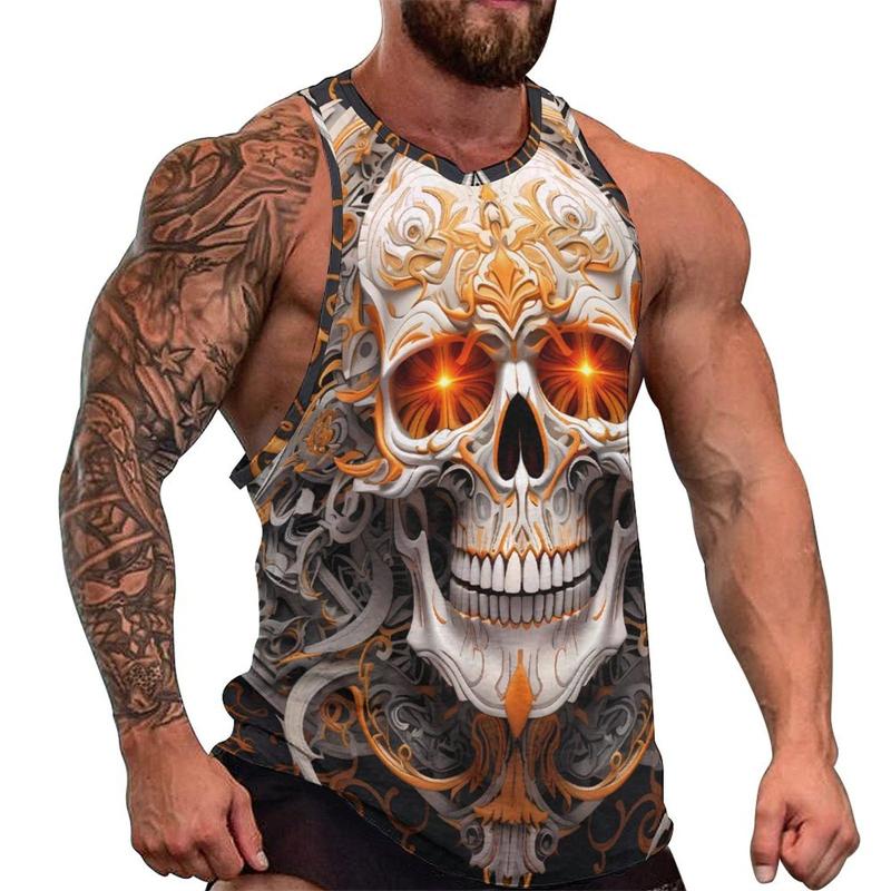 Summer Round Neck 3D Fashion Skull Printed Top Fashionable Casual Hip-hop Sleeveless Vest Men's T-shirts