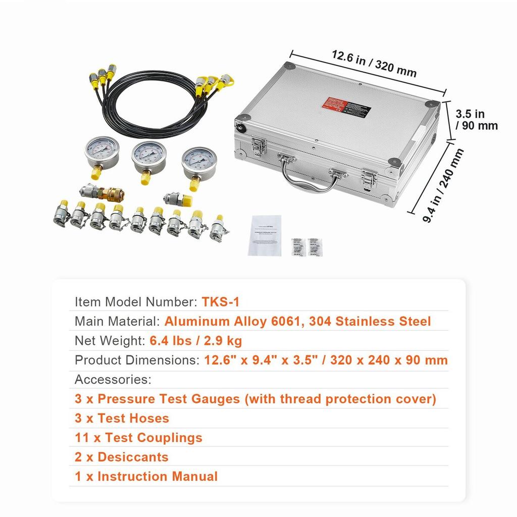 Hydraulic Pressure Test Kit, 250/400/600bar, 3 Gauges 11 Test Couplings 3 Test Hoses, Excavator Hydraulic Test Gauge Set with Portable Carrying Case