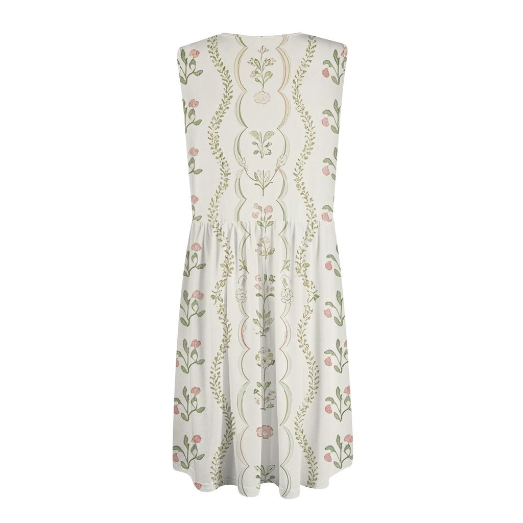 Abito da donna casual alla moda sexy con scollo a V, decorazione a bottoni, senza maniche, da spiaggia stampato, con boutonniere