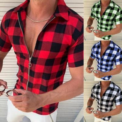 2025 Men's Slim Fit Plaid Print Zip-Up Short-Sleeve Shirt with Turn-Down Collar