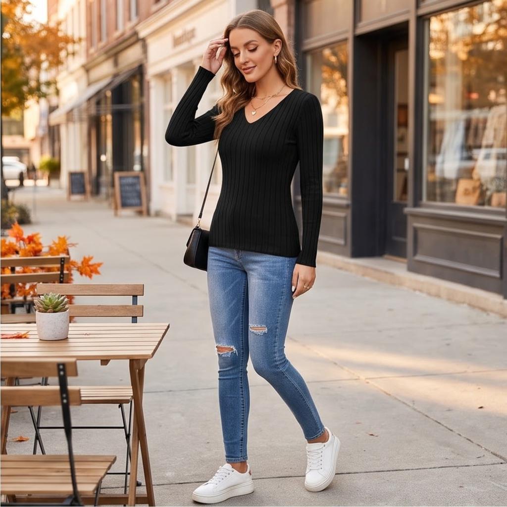 Women's V-Neck Long Sleeve Pullover Top, Color Casual for Everyday Wear