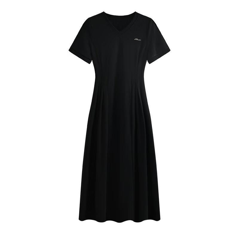 French Style V-Neck Pleated Short-Sleeve Black Midi Dress
