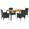5 Piece Outdoor Dining Set with Cushions Black Poly Rattan & Acacia Wood
