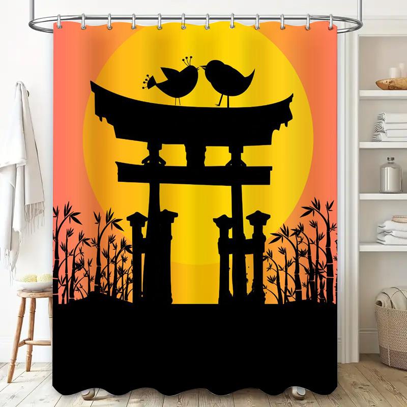 Vibrant Sunset Bamboo Torii Shower Curtain Unique Bathroom Decor for Modern Living Space