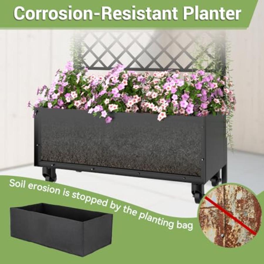 Metal Planter Box with Trellis Privacy Screen 67x41x16 Raised Garden Bed with Planting Bag Lockable Casters for Climbing Plants