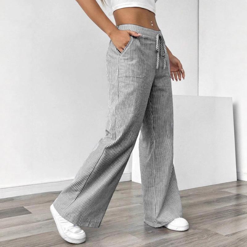 Women Striped Drawstring Wide Leg Casual Summer Pants