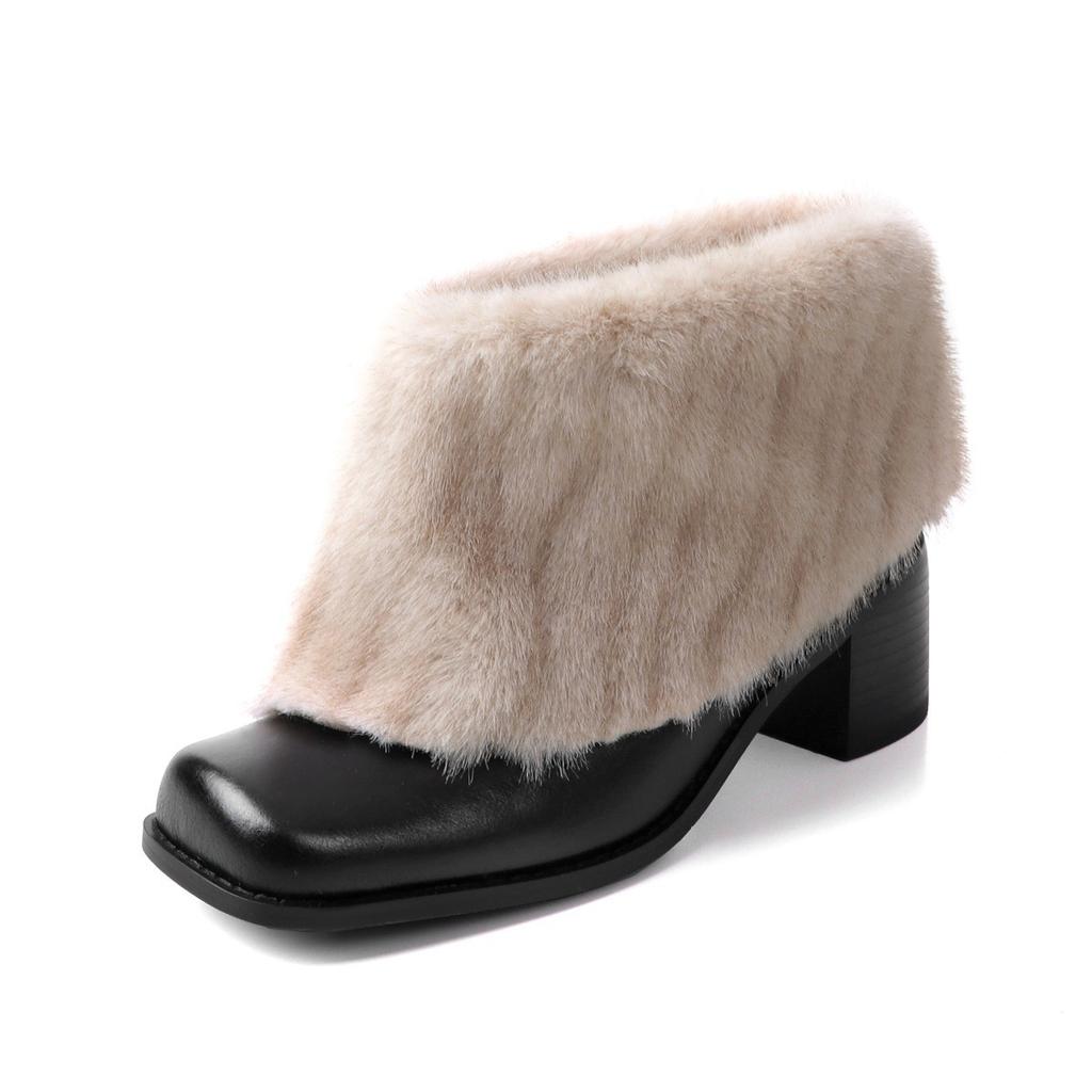 Hairy short boots thick heel square head piled and thickened design wide tube thin boots