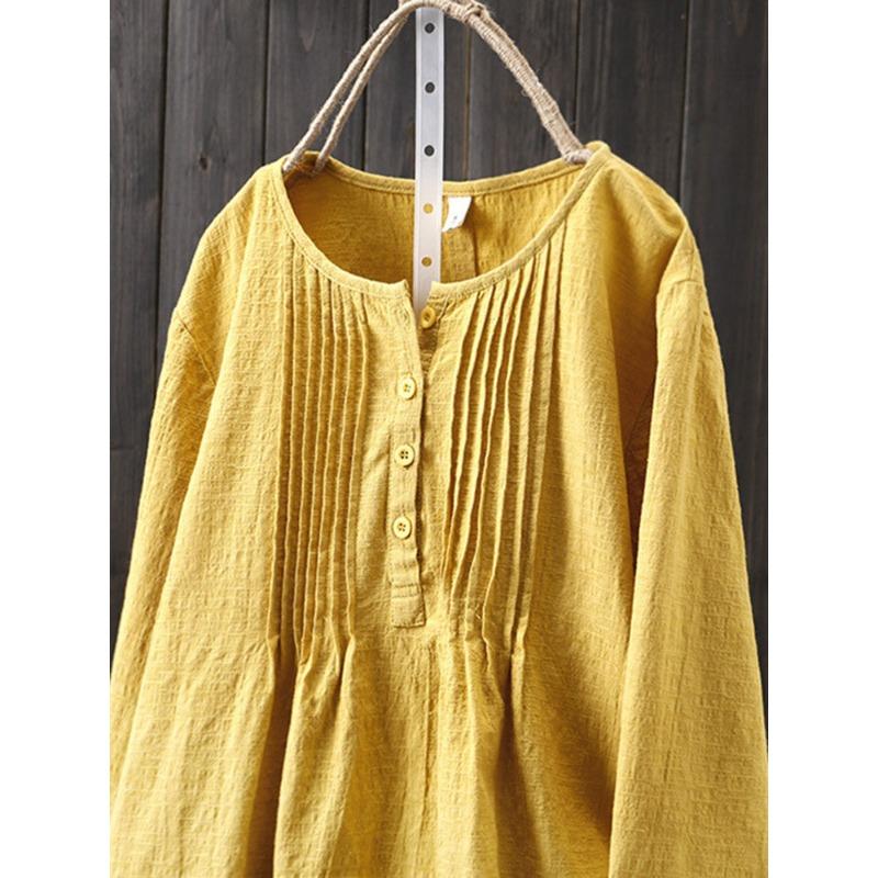 Loose Cotton and Linen Long Sleeved Women's Round Neck Women's Shirt