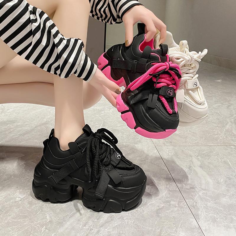 Fashion Women High Platform Sneakers 2025 New Autumn Breathable Chunky Dad Casual Shoes 7.5CM Thick Sole Trainers Leather Sneakers Woman