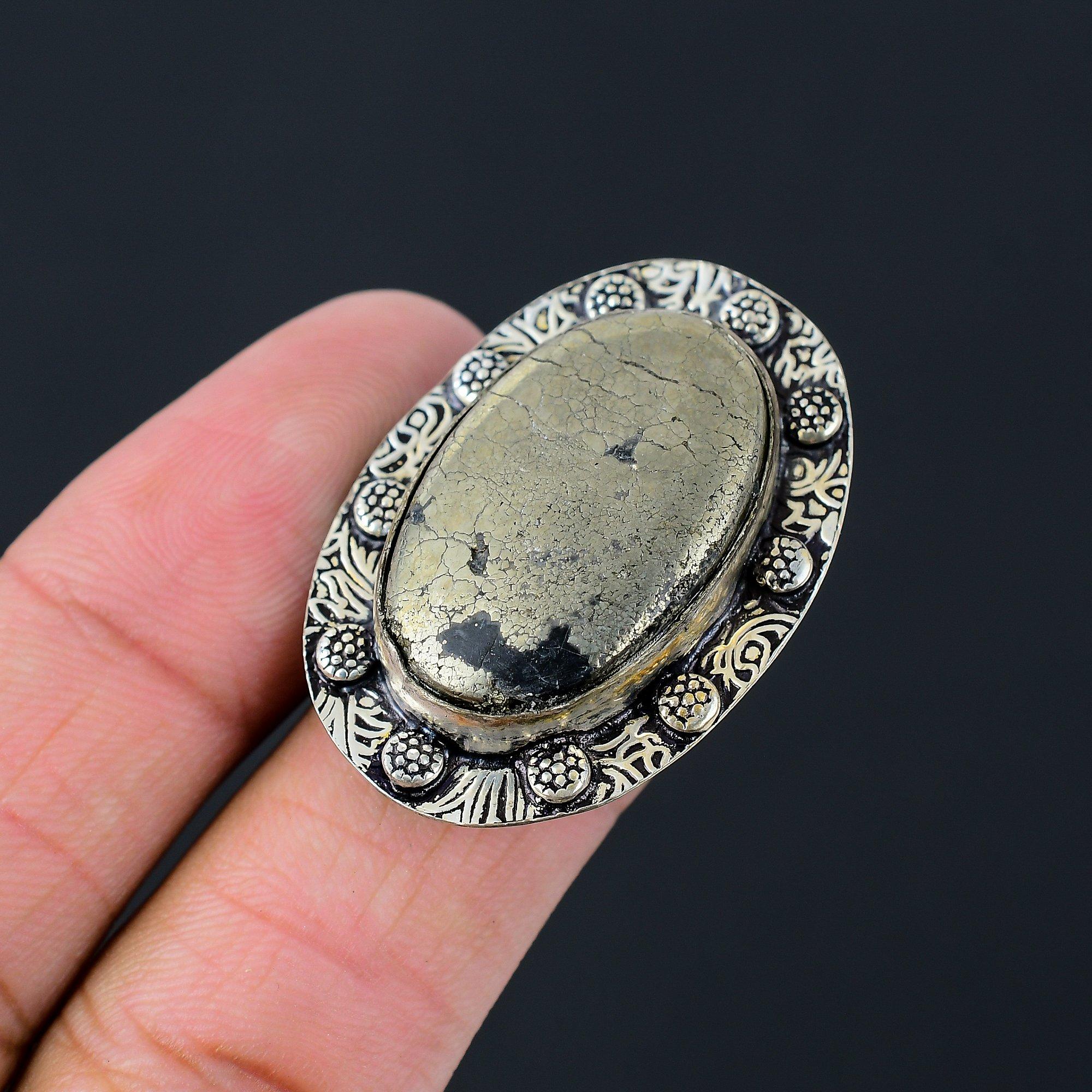 Mothers day Sale 925 Silver Oval Natural Pyrite Daughter Solitaire Ring US 7.5 7.5