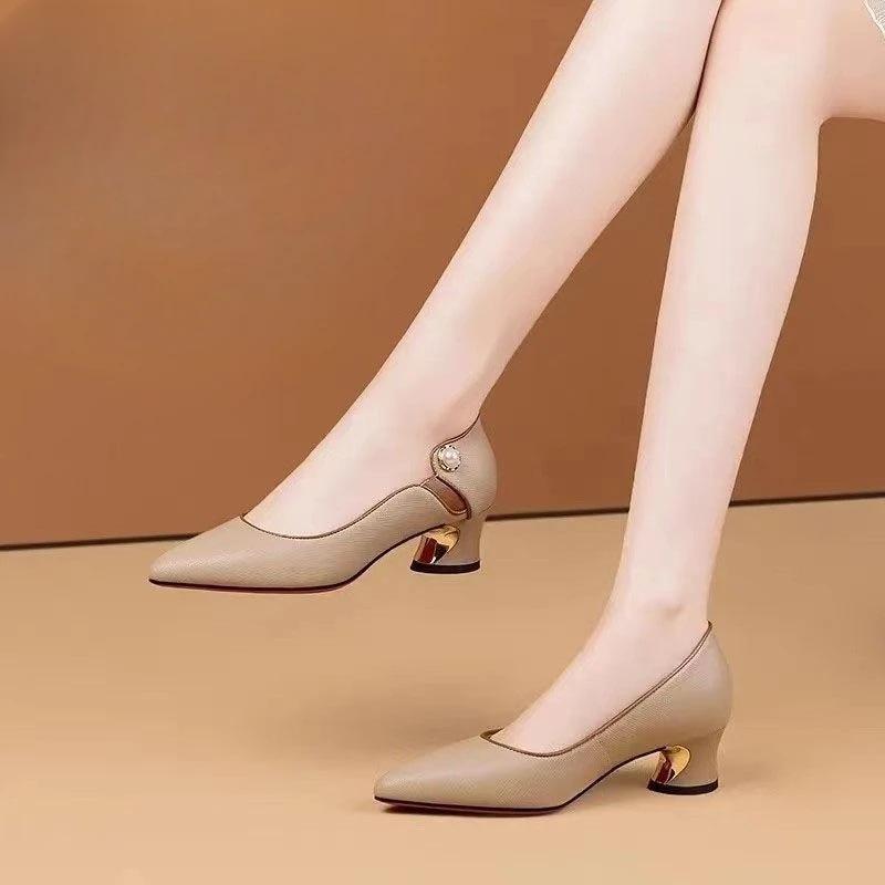 With Medium Heels Chunky Shoes for Women Woman Pumps Block Heel Pointed Toe Moccasins 2025 Trend Fashion Popular On Promotion 39