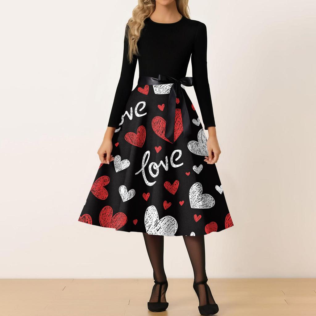 Women's Casual Fashion Round Neck Valentine's Day Printed Retro Dress